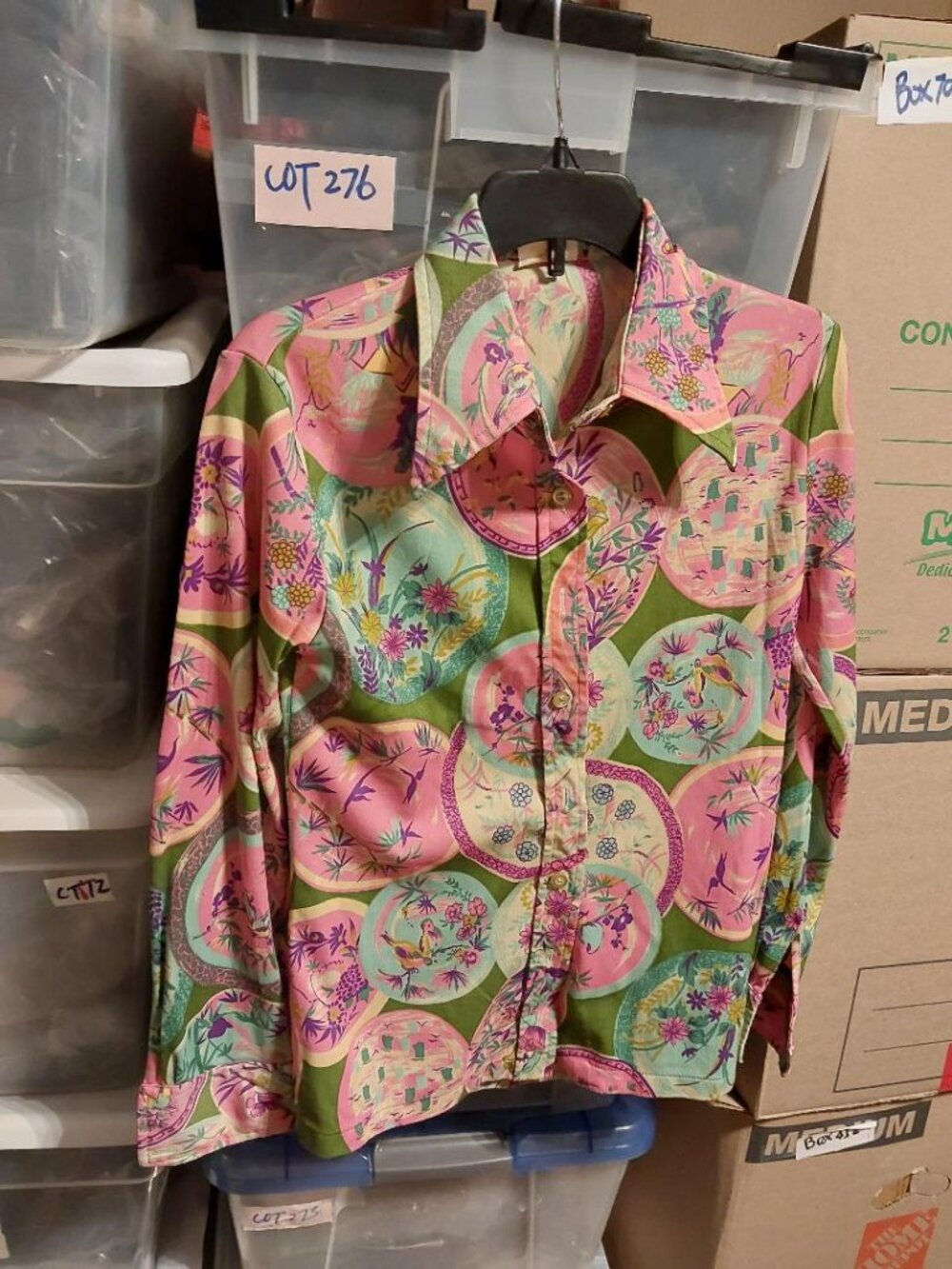 Vintage Long Sleeve Btton Down Blouse W Colorful Ornate Oriental Style Circle S